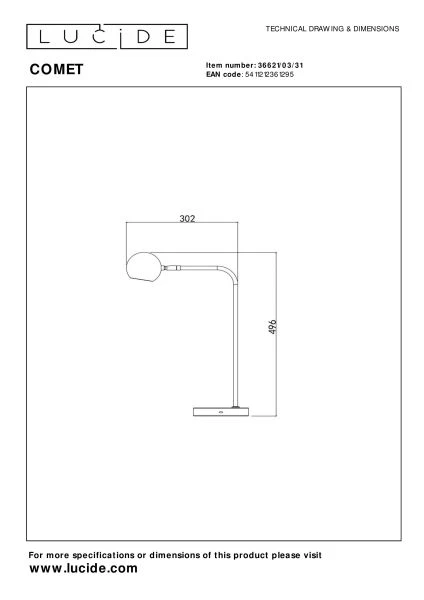 Lucide COMET - Lampe de bureau Rechargeable - Batterie/Piles - LED 3 StepDim - 1x3W 2700K - Blanc - technique